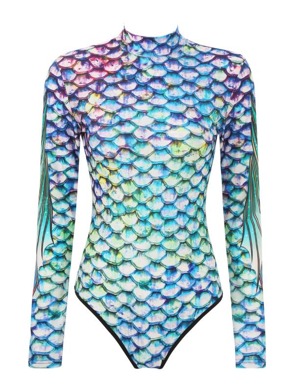 Women Long Sleeves 3D Print Mermaid Bodysuit One Piece Swimsuit thumb