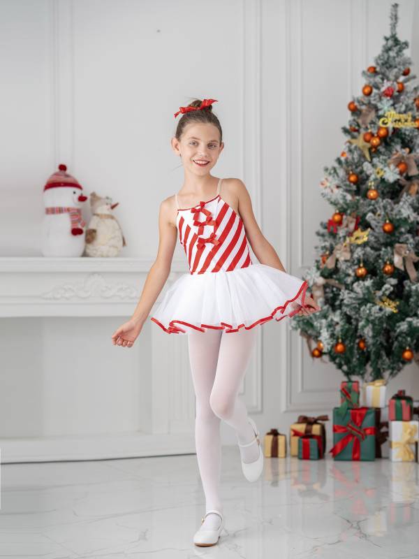 Kids Girls Christmas Sleeveless Bowknot Stripes Tutu Dress thumb