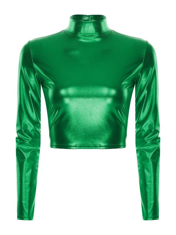 Women Metallic Long Sleeve Solid Color Slim Fit T-shirt For Jazz Dance thumb