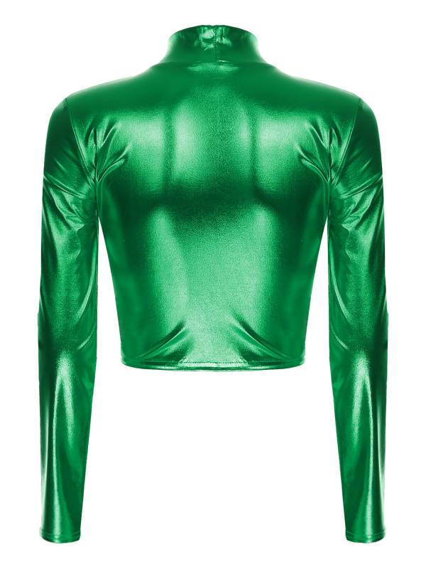 Women Metallic Long Sleeve Solid Color Slim Fit T-shirt For Jazz Dance thumb