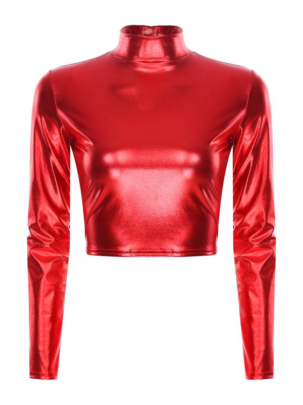 Women Metallic Long Sleeve Solid Color Slim Fit T-shirt For Jazz Dance thumb
