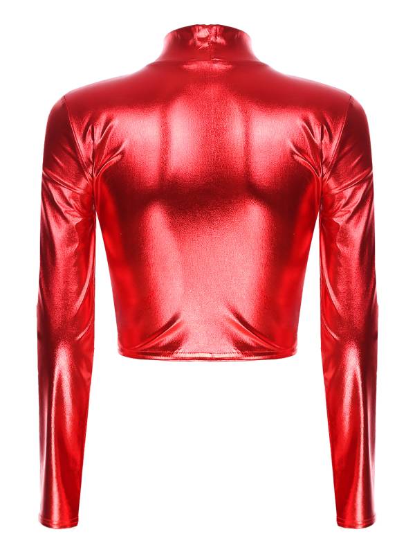 Women Metallic Long Sleeve Solid Color Slim Fit T-shirt For Jazz Dance thumb