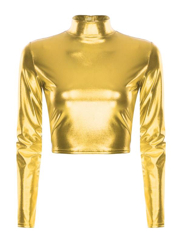 Women Metallic Long Sleeve Solid Color Slim Fit T-shirt For Jazz Dance thumb