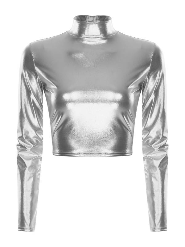 Women Metallic Long Sleeve Solid Color Slim Fit T-shirt For Jazz Dance thumb