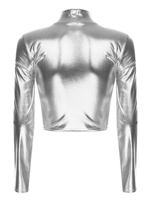 Women Metallic Long Sleeve Solid Color Slim Fit T-shirt For Jazz Dance thumb