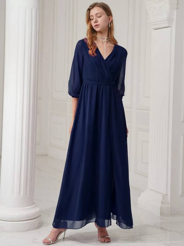 Women V Neck Long Lantern Sleeve Side Slit Bridesmaid Dress thumb