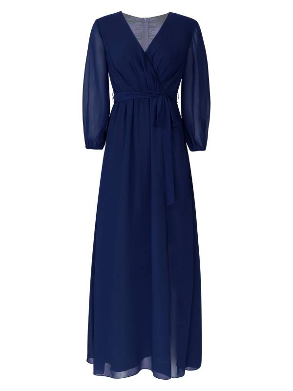 Women V Neck Long Lantern Sleeve Side Slit Bridesmaid Dress thumb