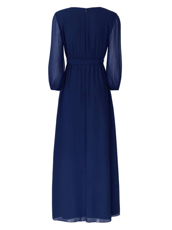 Women V Neck Long Lantern Sleeve Side Slit Bridesmaid Dress thumb