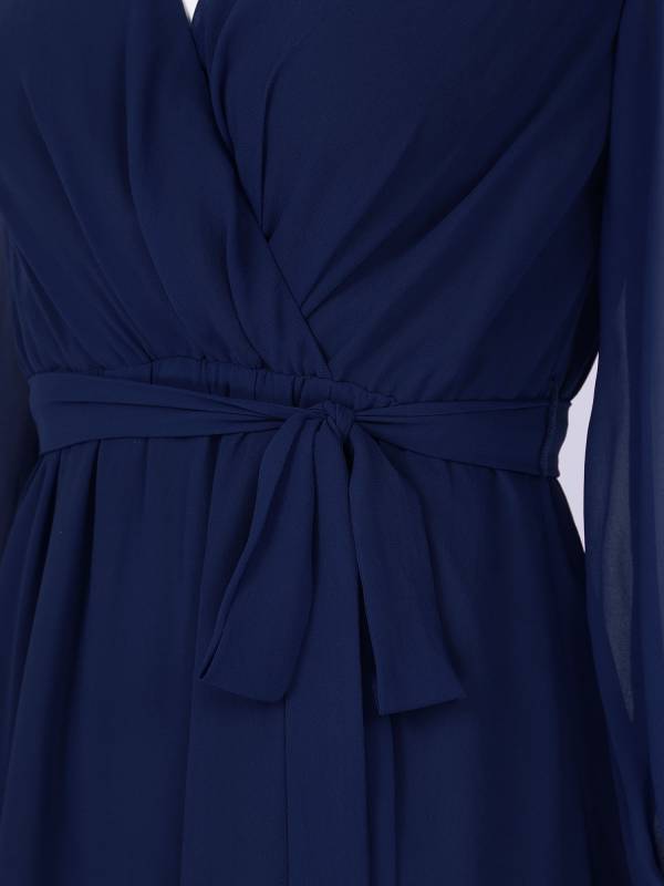 Women V Neck Long Lantern Sleeve Side Slit Bridesmaid Dress thumb