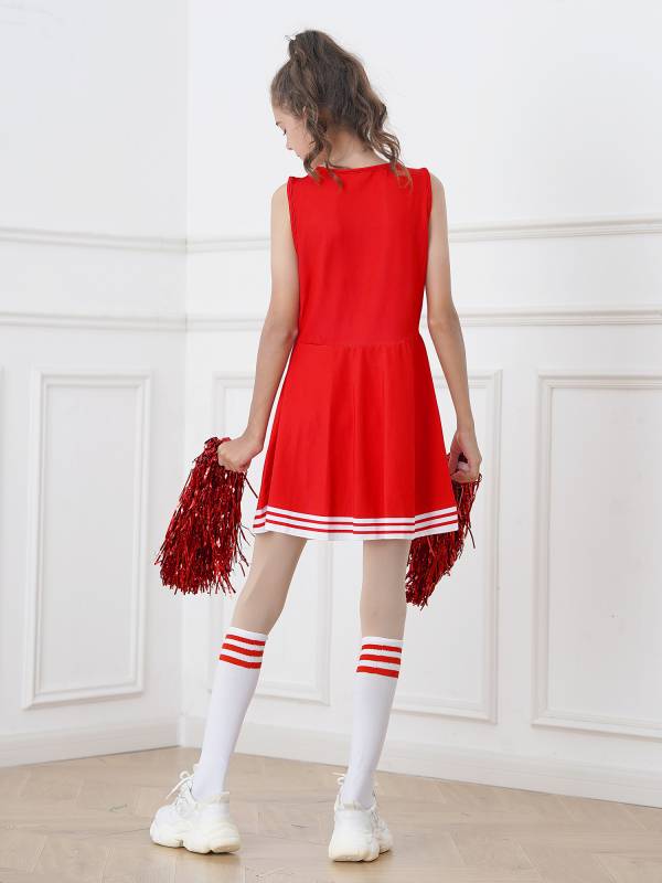 Kids Girls Sleeveless Cheerleading Dance Dress with Flower Balls and Socks thumb