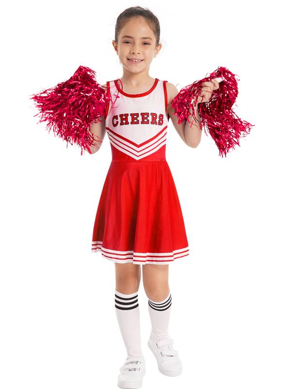 Kids Girls Sleeveless Cheerleading Dance Dress with Flower Balls and Socks thumb