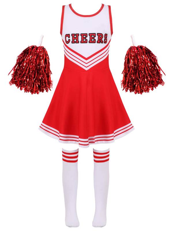 Kids Girls Sleeveless Cheerleading Dance Dress with Flower Balls and Socks thumb