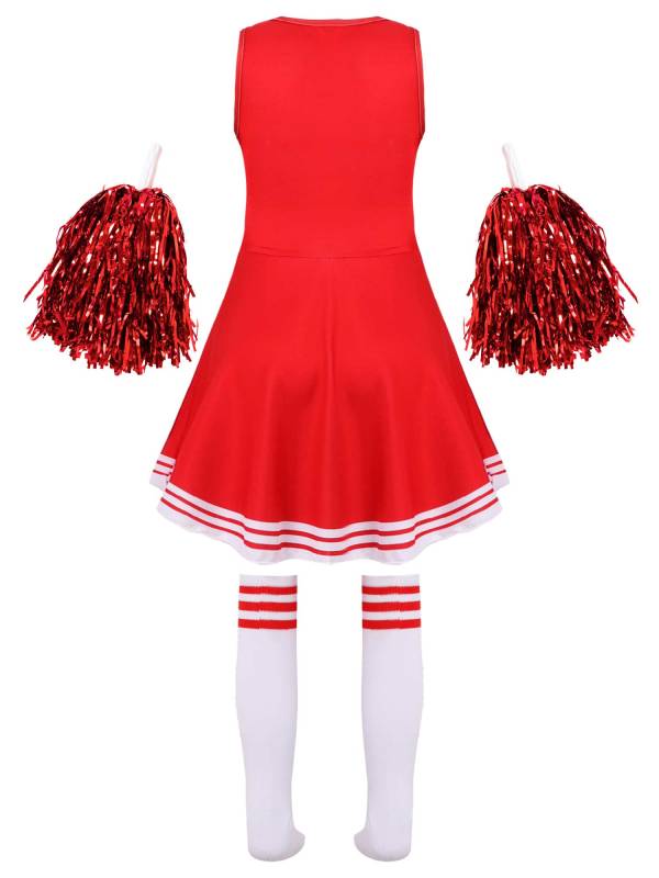 Kids Girls Sleeveless Cheerleading Dance Dress with Flower Balls and Socks thumb
