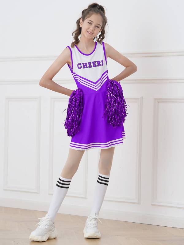 Kids Girls Sleeveless Cheerleading Dance Dress with Flower Balls and Socks thumb