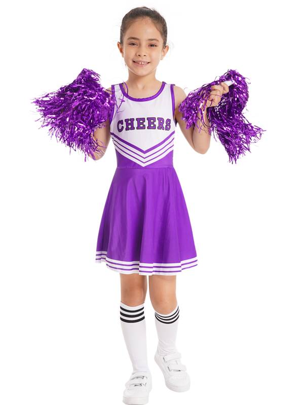 Kids Girls Sleeveless Cheerleading Dance Dress with Flower Balls and Socks thumb
