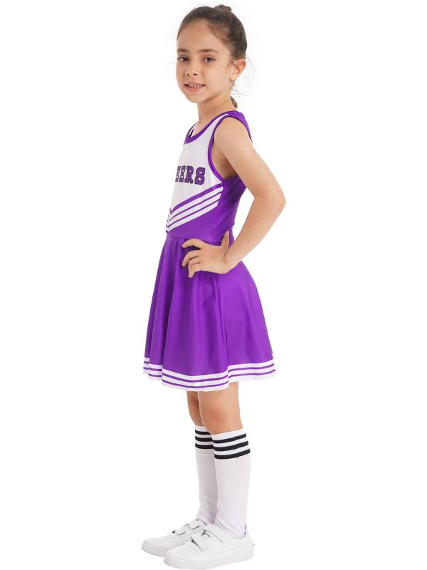 Kids Girls Sleeveless Cheerleading Dance Dress with Flower Balls and Socks thumb