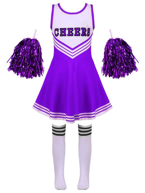 Kids Girls Sleeveless Cheerleading Dance Dress with Flower Balls and Socks thumb