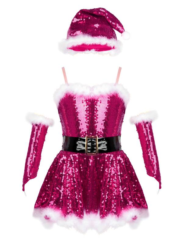 Kids Girls Christmas Straps Sequins Twirl Skating Dress with Hat and Arm Sleeves thumb