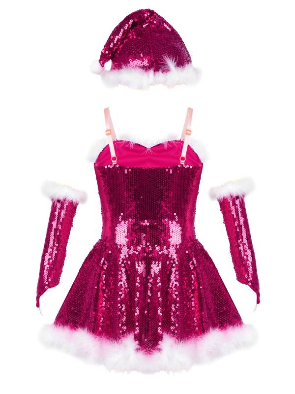 Kids Girls Christmas Straps Sequins Twirl Skating Dress with Hat and Arm Sleeves thumb