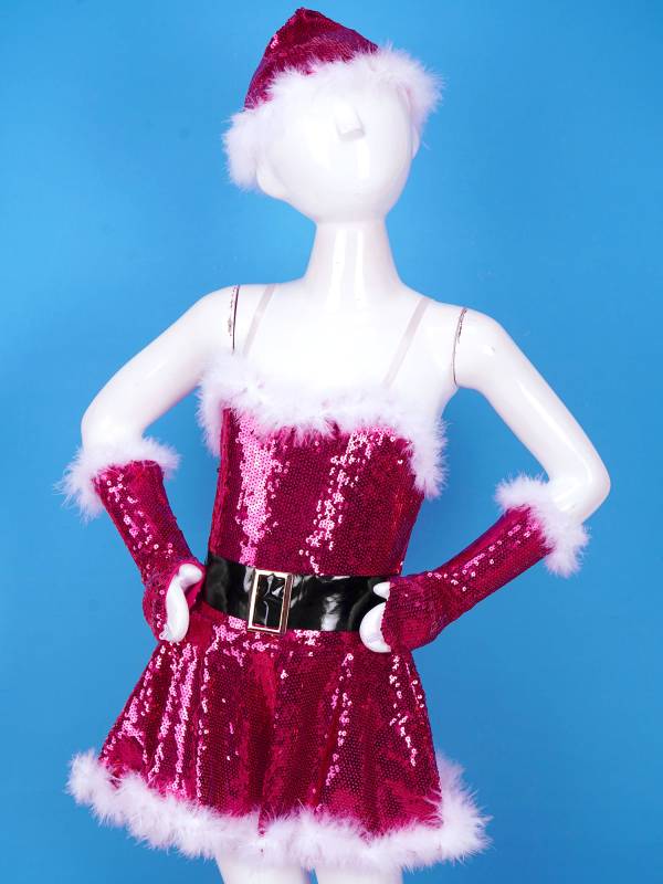 Kids Girls Christmas Straps Sequins Twirl Skating Dress with Hat and Arm Sleeves thumb