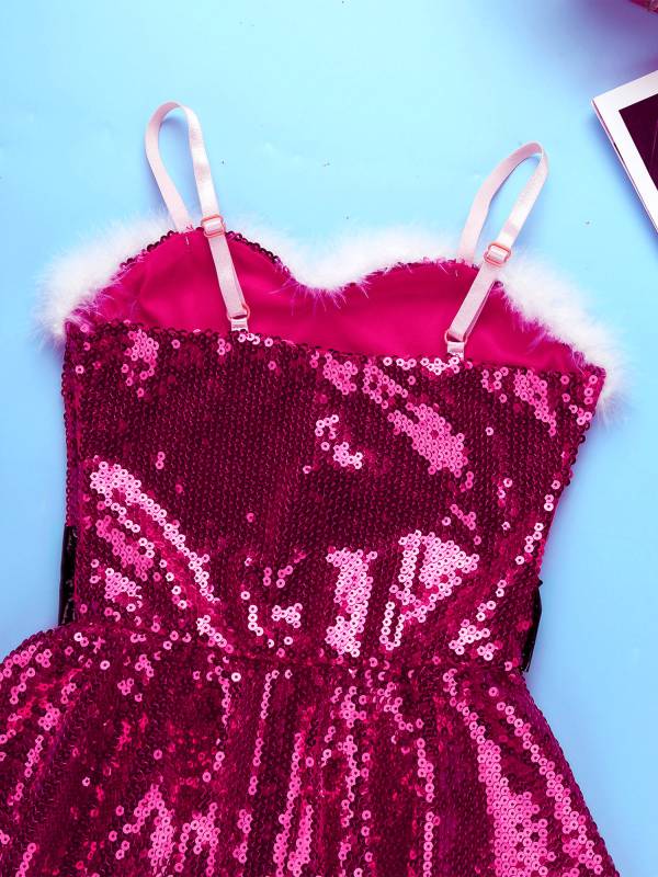 Kids Girls Christmas Straps Sequins Twirl Skating Dress with Hat and Arm Sleeves thumb