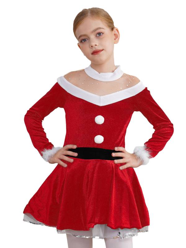 Kids Girls Christmas Long Sleeves Pompoms Adorned Velvet Dress thumb