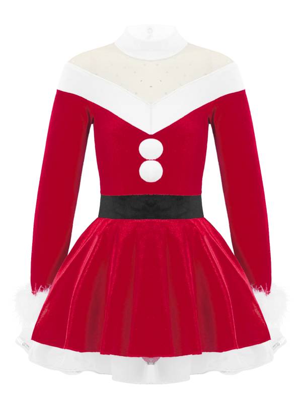 Kids Girls Christmas Long Sleeves Pompoms Adorned Velvet Dress thumb