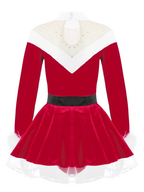 Kids Girls Christmas Long Sleeves Pompoms Adorned Velvet Dress thumb