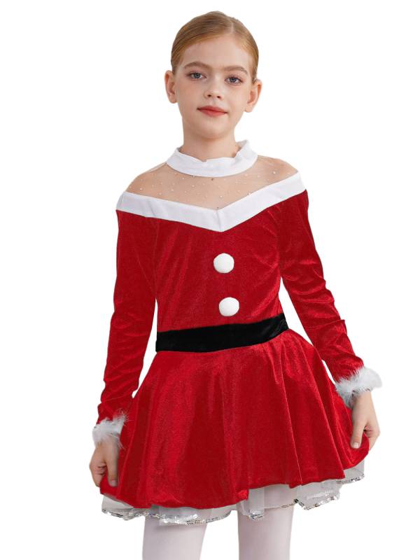 Kids Girls Christmas Long Sleeves Pompoms Adorned Velvet Dress thumb