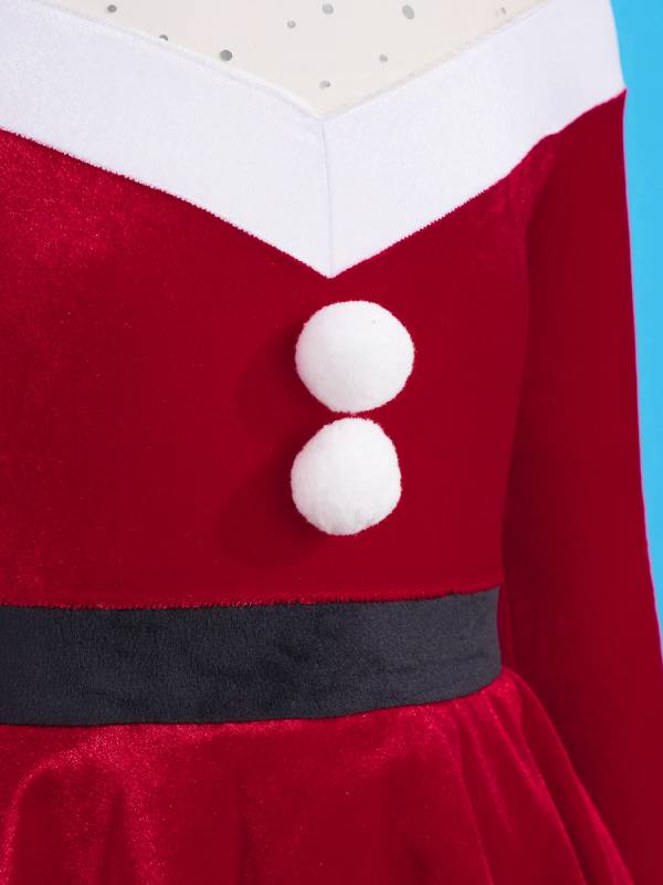 Kids Girls Christmas Long Sleeves Pompoms Adorned Velvet Dress thumb