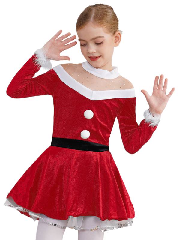 Kids Girls Christmas Long Sleeves Pompoms Adorned Velvet Dress thumb