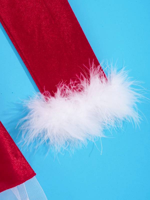 Kids Girls Christmas Long Sleeves Pompoms Adorned Velvet Dress thumb