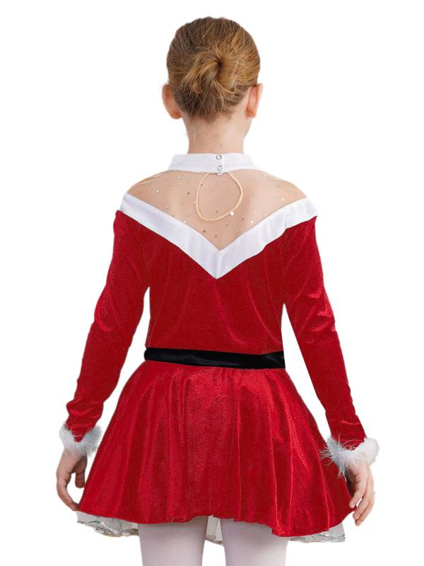 Kids Girls Christmas Long Sleeves Pompoms Adorned Velvet Dress thumb