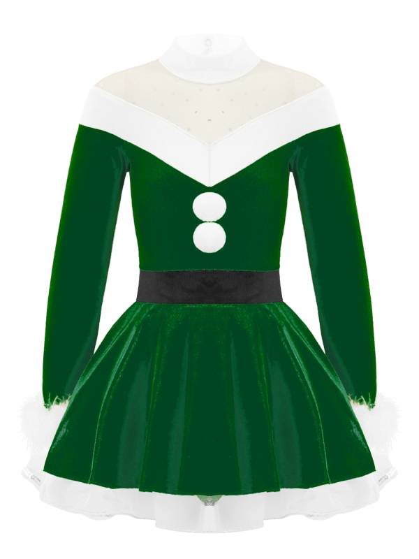 Kids Girls Christmas Long Sleeves Pompoms Adorned Velvet Dress thumb