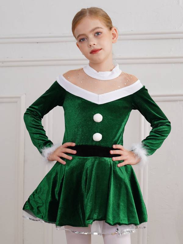 Kids Girls Christmas Long Sleeves Pompoms Adorned Velvet Dress thumb