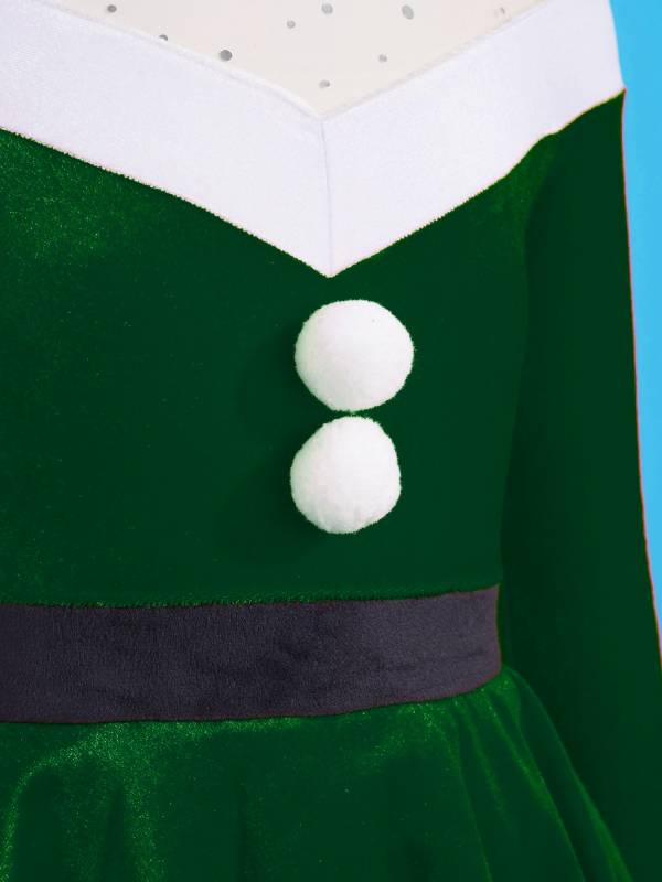 Kids Girls Christmas Long Sleeves Pompoms Adorned Velvet Dress thumb