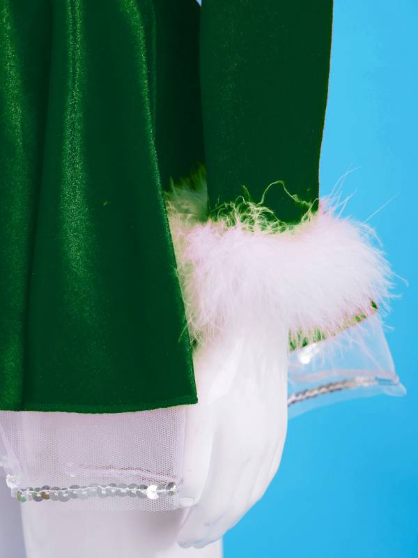 Kids Girls Christmas Long Sleeves Pompoms Adorned Velvet Dress thumb
