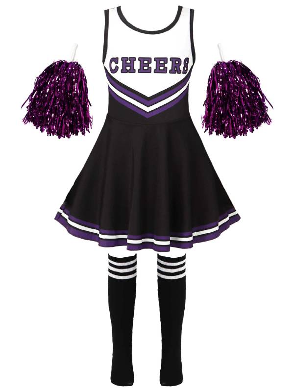 Kids Girls Sleeveless Cheerleading Dance Dress with Flower Balls and Socks thumb