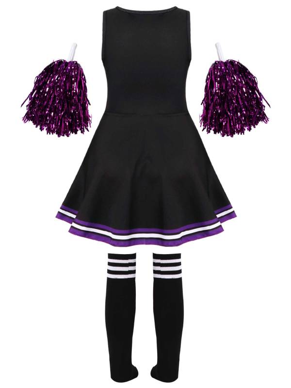 Kids Girls Sleeveless Cheerleading Dance Dress with Flower Balls and Socks thumb
