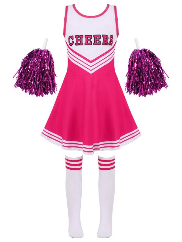 Kids Girls Sleeveless Cheerleading Dance Dress with Flower Balls and Socks thumb
