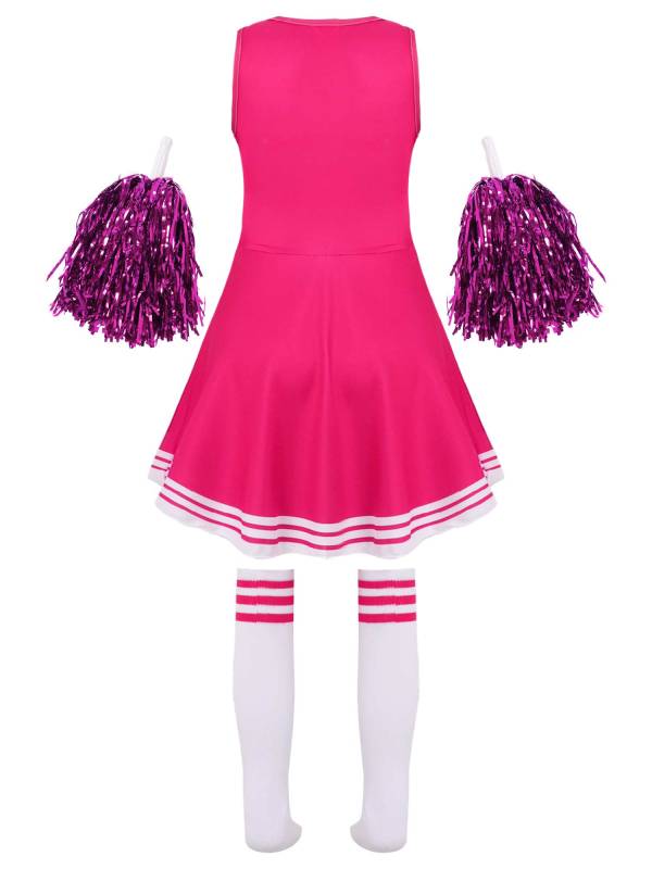 Kids Girls Sleeveless Cheerleading Dance Dress with Flower Balls and Socks thumb