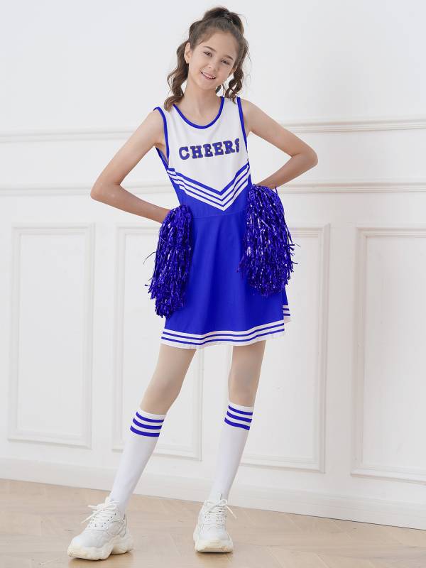 Kids Girls Sleeveless Cheerleading Dance Dress with Flower Balls and Socks thumb