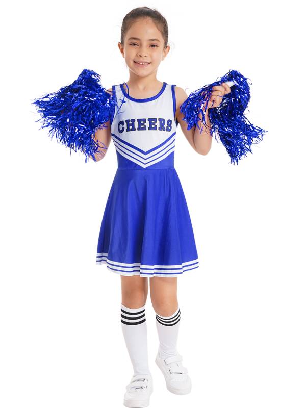 Kids Girls Sleeveless Cheerleading Dance Dress with Flower Balls and Socks thumb