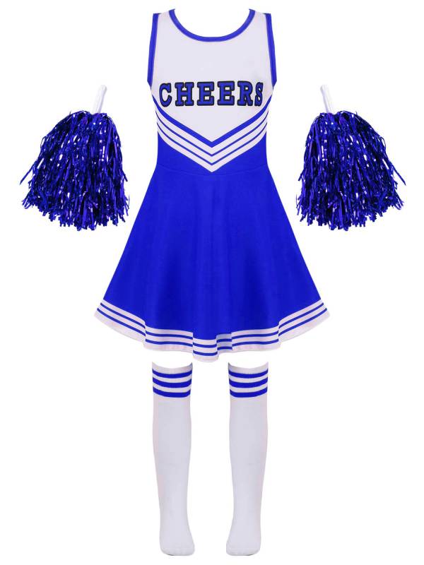 Kids Girls Sleeveless Cheerleading Dance Dress with Flower Balls and Socks thumb