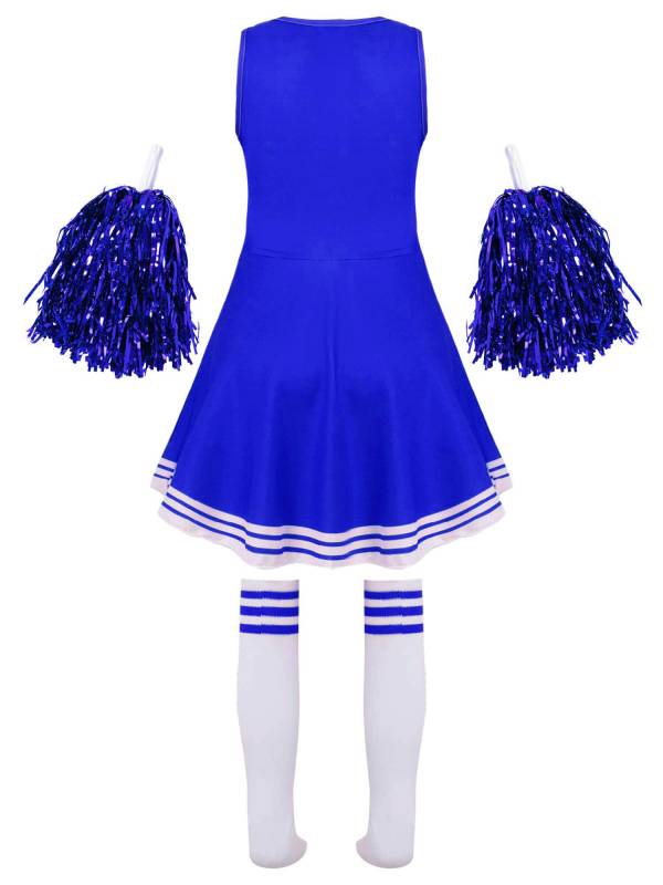 Kids Girls Sleeveless Cheerleading Dance Dress with Flower Balls and Socks thumb