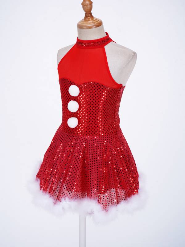 Kids Girls Christmas Sleeveless Halter Neck Sequins Snowman Costume Tutu Dress thumb