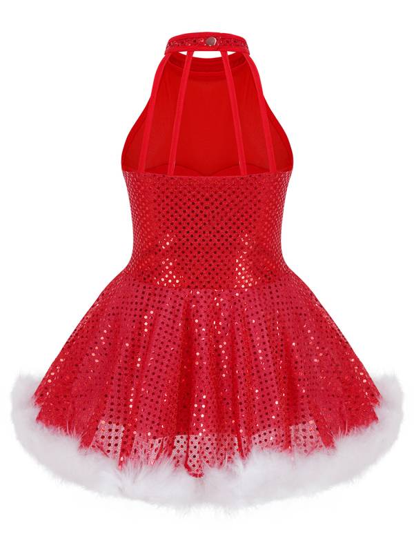 Kids Girls Christmas Sleeveless Halter Neck Sequins Snowman Costume Tutu Dress thumb
