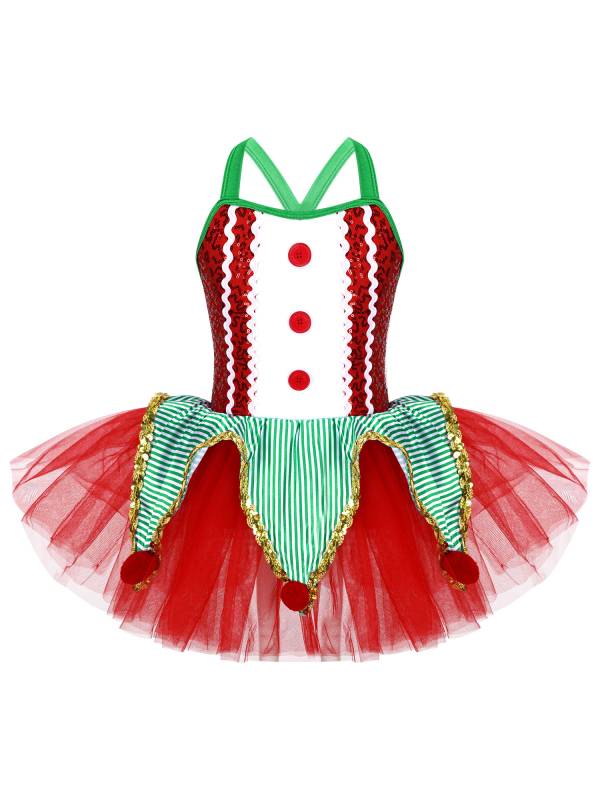 Kids Girls Christmas Sleeveless Crisscross Back Sequins Mesh Tutu Dress thumb