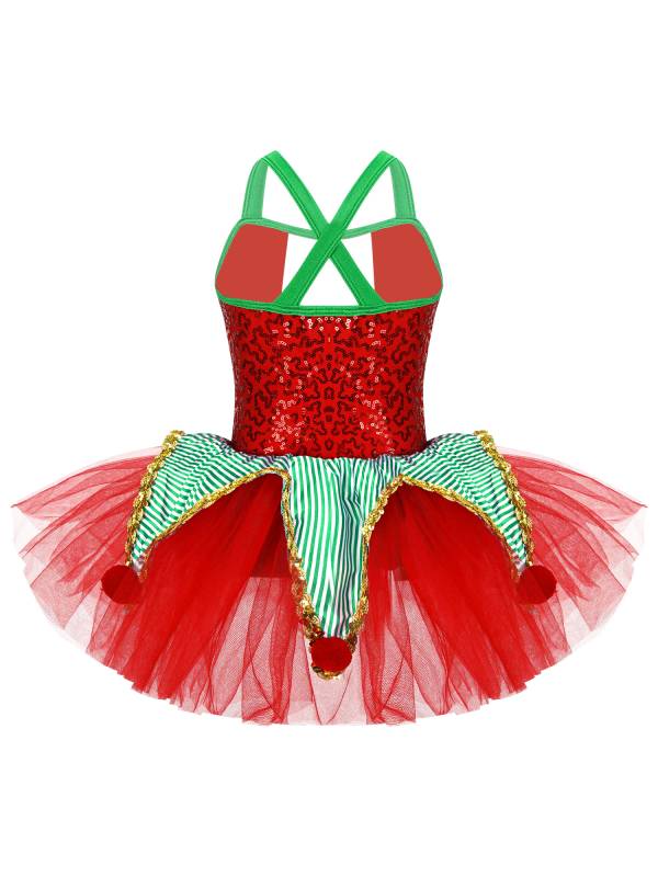 Kids Girls Christmas Sleeveless Crisscross Back Sequins Mesh Tutu Dress thumb