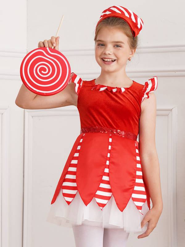 Kids Girls Christmas Cap Sleeve Sequins Stripes Velvet Tutu Dress with Hat thumb